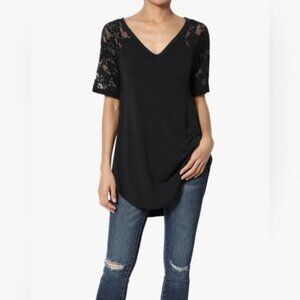 Zenana Signature Black Lace Luxe Rayon Short Sleeve Tunic Tee V-neck Size M